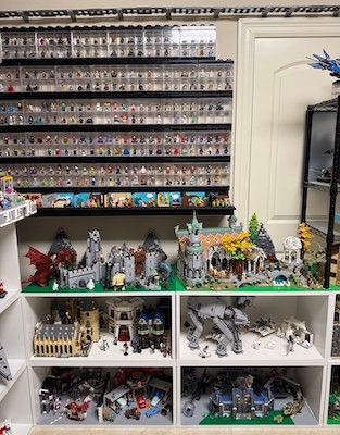 Hobby Room half of LEGO wall with minifig cases and cubicles
